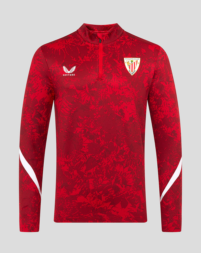 Front view of red Athletic Club Pre Match Midlayer Top with quarter-zip abstract print Castore logo on right chest left crest