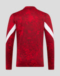Front view of red Athletic Club Pre Match Midlayer Top with white sleeve stripe and all over abstract print