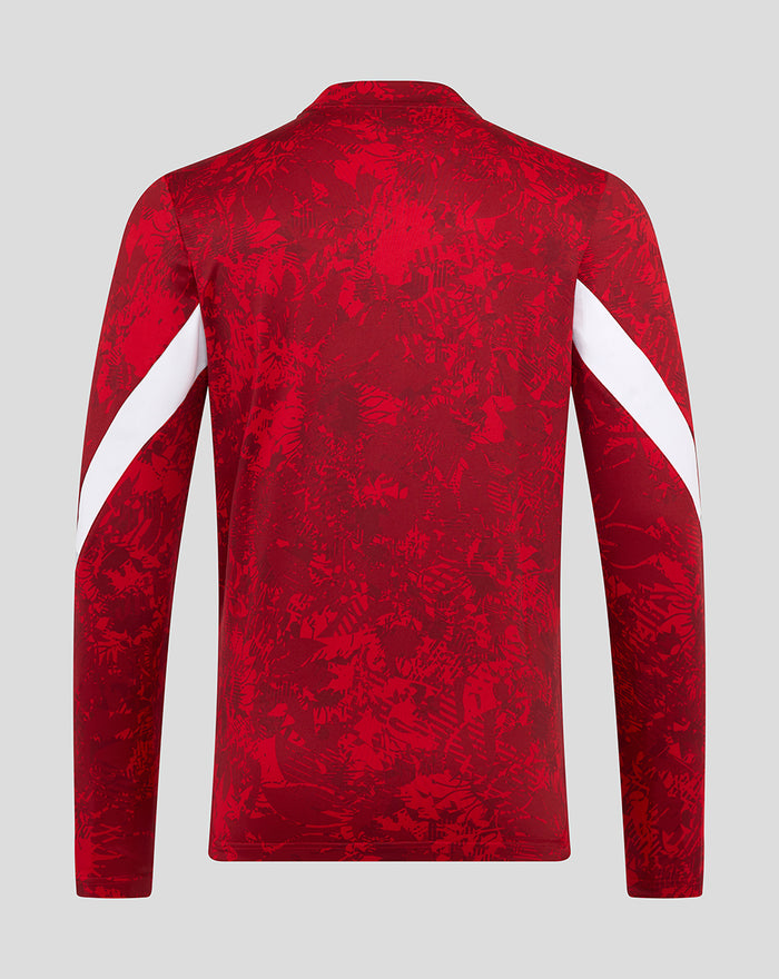 Front view of red Athletic Club Pre Match Midlayer Top with white sleeve stripe and all over abstract print