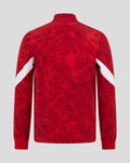 Back view of red Athletic Club Home Pre Match Jacket with an allover pattern and white diagonal sleeve stripes.