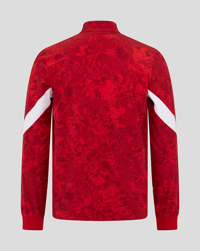 Back view of red Athletic Club Home Pre Match Jacket with an allover pattern and white diagonal sleeve stripes.