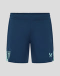Navy shorts with turquoise trim and logos left crest patch and right Castore emblem.
