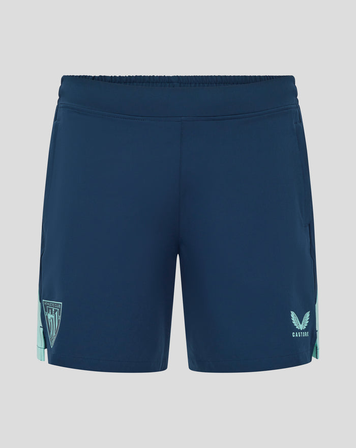 Navy shorts with turquoise trim and logos left crest patch and right Castore emblem.