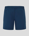 Close up of navy woven athletic shorts waistband with elastic and center back seam