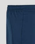 Close up of navy shorts waistband with elastic and visible side seam stitching