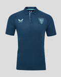 Navy Athletic Club poly polo with crest on left chest Castore logo on right and teal trim at the placket.