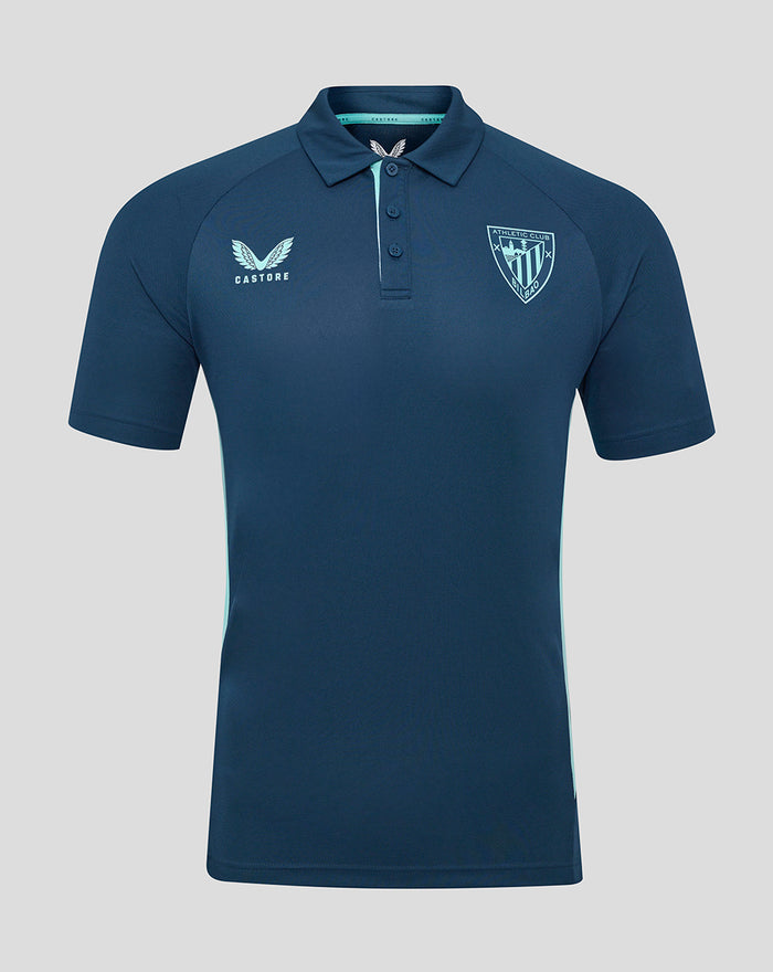 Navy Athletic Club poly polo with crest on left chest Castore logo on right and teal trim at the placket.