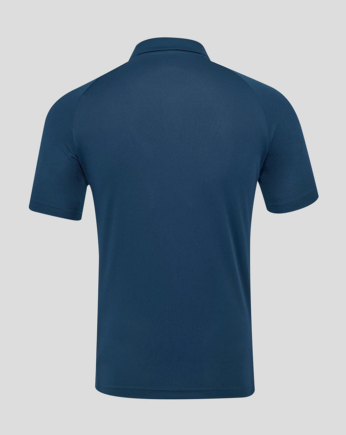 Back view of navy blue Athletic Club poly polo shirt