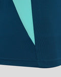 Close up of teal navy fabric from Athletic Club presentation poly polo with a bright turquoise diagonal stripe