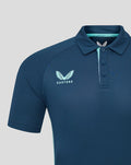 Close up view of navy blue Athletic Club poly polo showing left chest crest and shoulder seam