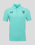 Front view of turquoise athletic club polo with Athletic Club crest and Castore logo