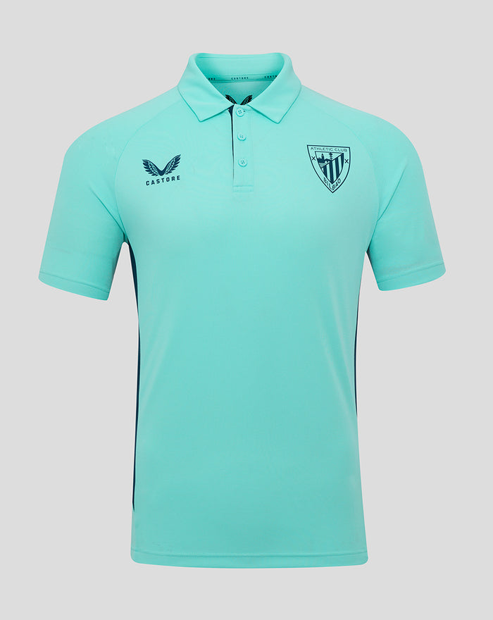 Front view of turquoise athletic club polo with Athletic Club crest and Castore logo
