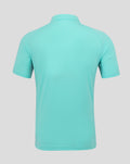 Back view of turquoise athletic club polo shirt with short sleeves