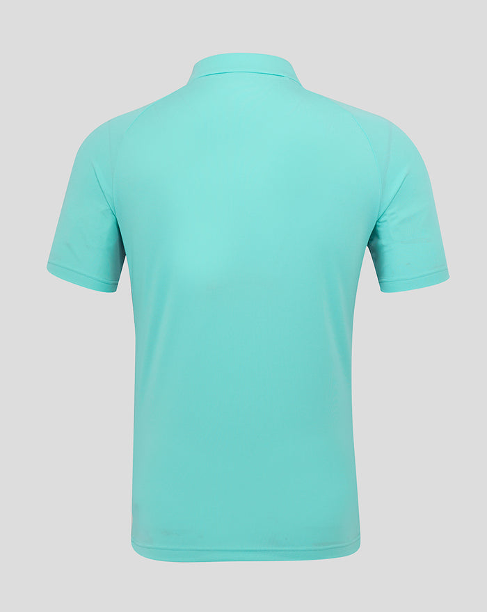 Back view of turquoise athletic club polo shirt with short sleeves