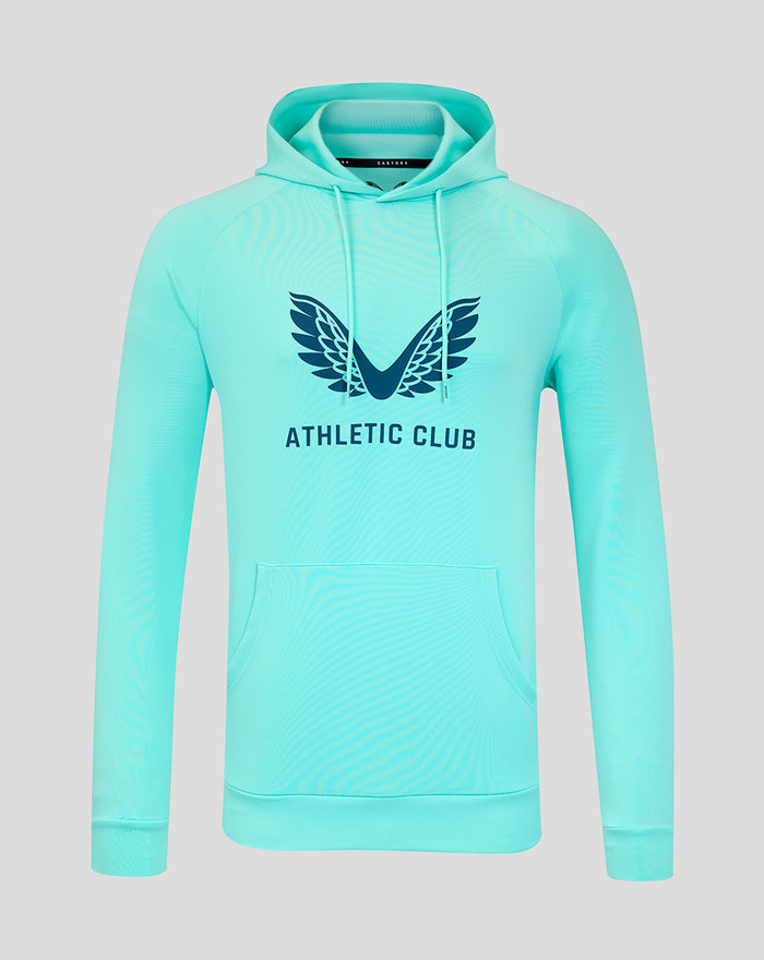 Turquoise men's scuba logo hoodie featuring a winged Athletic Club emblem on the chest