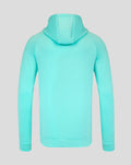 Back view of turquoise hooded sweatshirt with the hood up