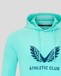 Close up of turquoise hoodie chest with navy wing logo and ATHLETIC CLUB text
