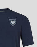Close up of left chest crest on navy Athletic Club Travel tee.