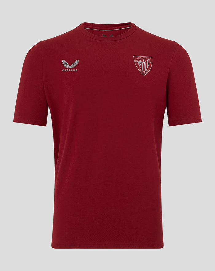 Front view of red Athletic Club Travel Short Sleeve Tee with crest on left chest and Castore logo on the right.
