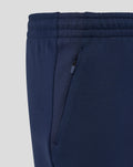 Navy shorts with a zippered side pocket and reinforced stitching near the waistband.