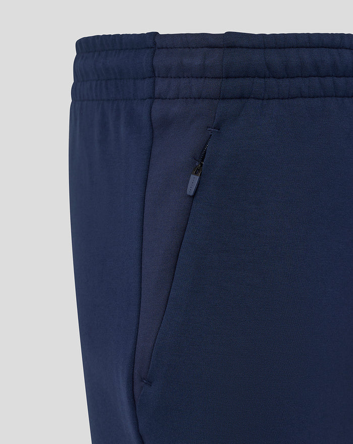Navy shorts with a zippered side pocket and reinforced stitching near the waistband.