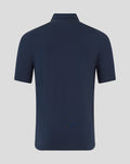Back view of navy Athletic Club travel short sleeve polo showing clean fabric and collar
