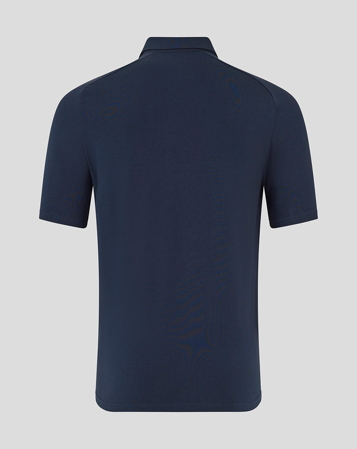 Back view of navy Athletic Club travel short sleeve polo showing clean fabric and collar
