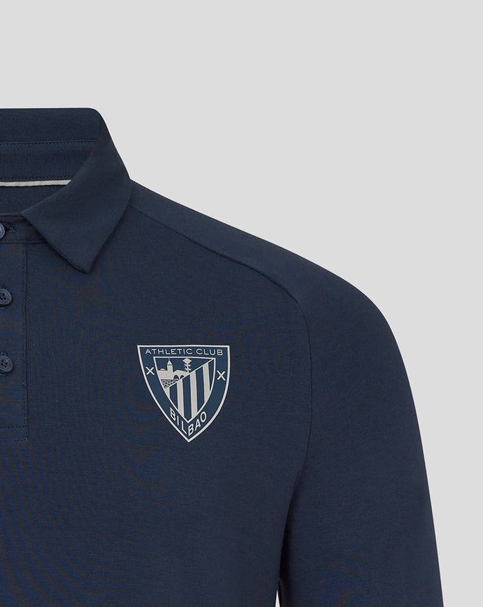 Navy Athletic Club travel short sleeve polo with a shield crest on the left chest