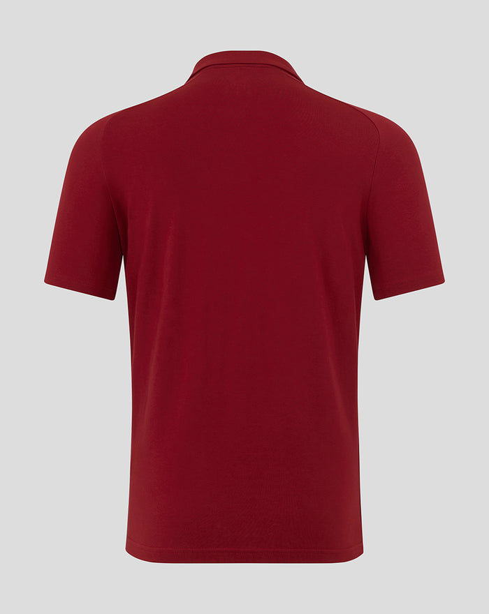 Back view of a red Athletic Club travel short sleeve polo shirt.