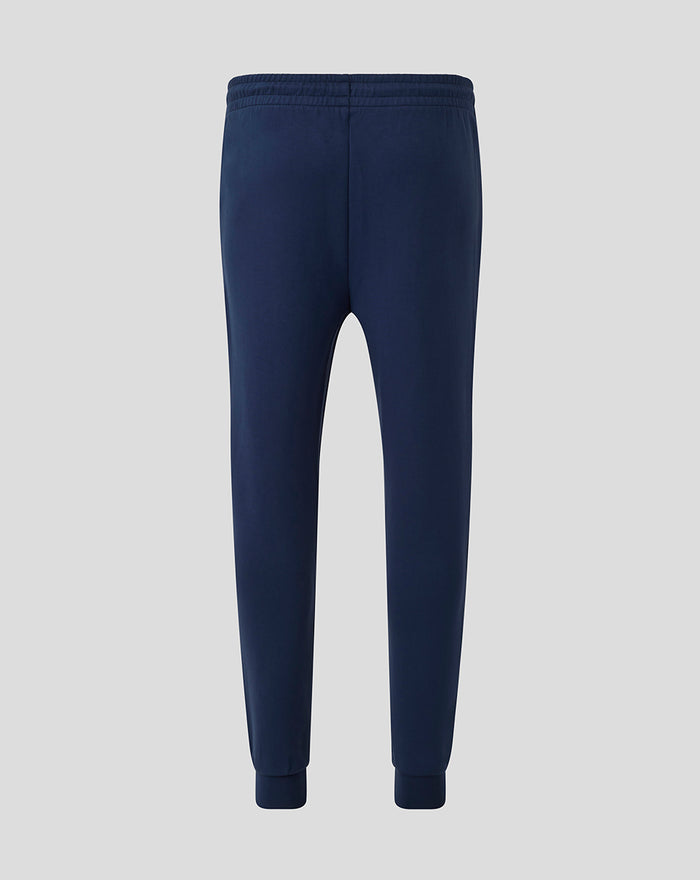 Back view of navy Athletic Club travel knit pant with an elastic waistband
