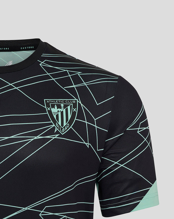 Athletic Club crest on a black short sleeve tee with mint geometric lines across the chest.