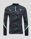 Front view of Athletic Club 3rd pre match midlayer top in navy with mint geometric lines and mint zipper.