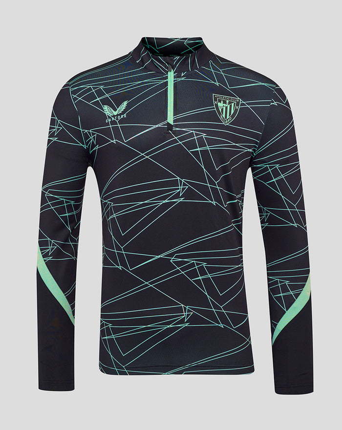 Front view of Athletic Club 3rd pre match midlayer top in navy with mint geometric lines and mint zipper.