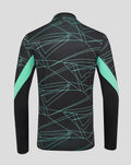 Back view of Athletic Club 3rd pre match midlayer top in dark navy with turquoise geometric lines and mint sleeve panels