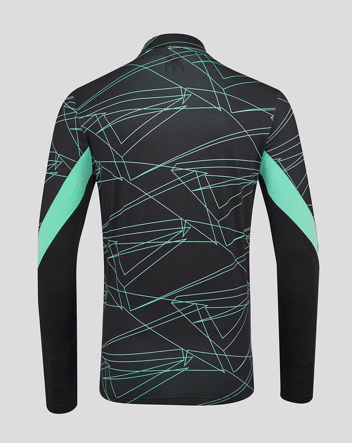 Back view of Athletic Club 3rd pre match midlayer top in dark navy with turquoise geometric lines and mint sleeve panels