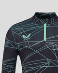 Close up of navy Athletic Club 3rd pre match midlayer top showing turquoise zip placket and club crest on the chest
