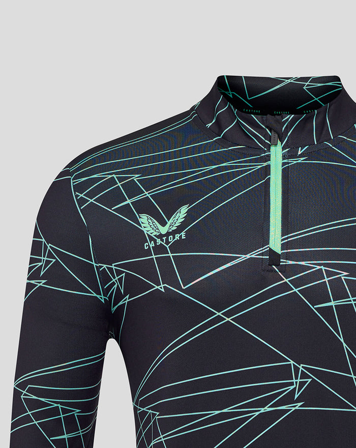 Close up of navy Athletic Club 3rd pre match midlayer top showing turquoise zip placket and club crest on the chest