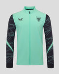 Front view of a mint green Athletic Club 3rd pre match jacket with black patterned sleeves and crest on chest.