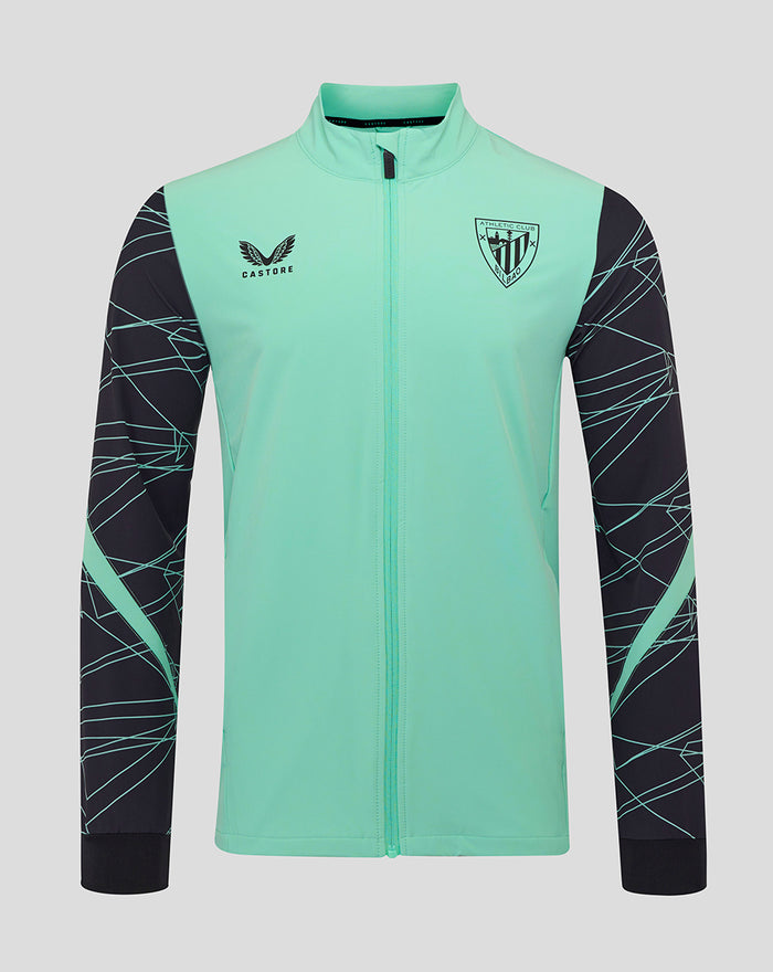Front view of a mint green Athletic Club 3rd pre match jacket with black patterned sleeves and crest on chest.