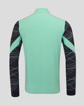 Back view of mint green athletic jacket with black patterned sleeves.
