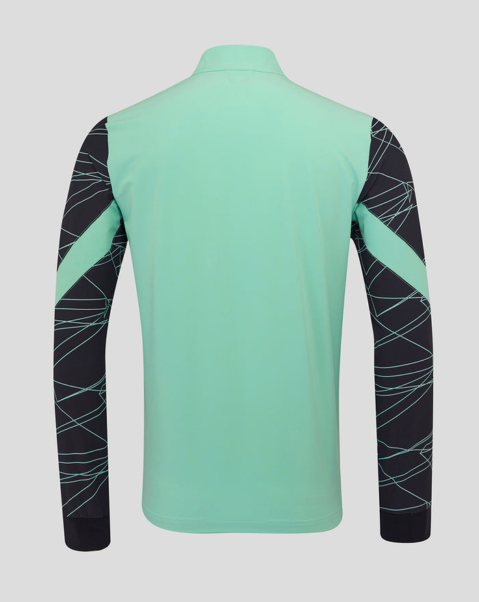 Back view of mint green athletic jacket with black patterned sleeves.