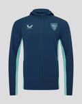 Navy blue athletic club presentation hooded jacket with mint side panels and crest badge on the left chest