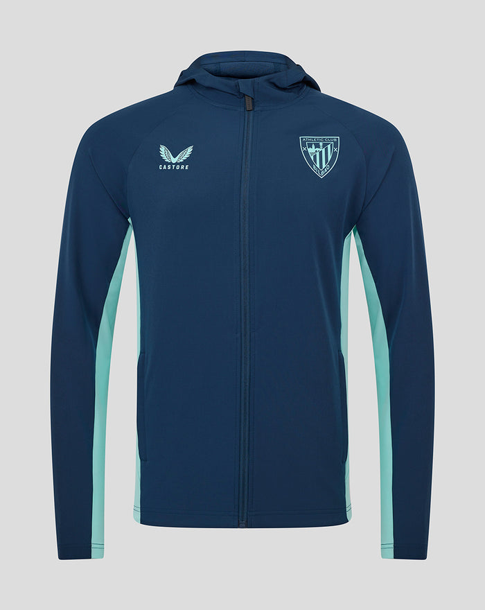 Navy blue athletic club presentation hooded jacket with mint side panels and crest badge on the left chest