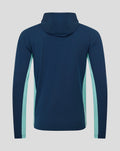 Back view of navy blue hooded athletic club jacket with the hood up and no front logos visible