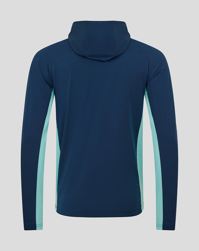 Back view of navy blue hooded athletic club jacket with the hood up and no front logos visible