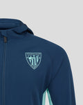 Navy blue hooded jacket with a light blue Athletic Club crest on the chest