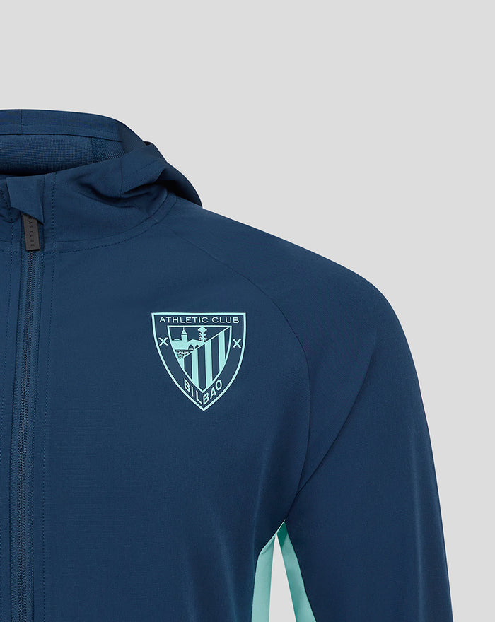 Navy blue hooded jacket with a light blue Athletic Club crest on the chest