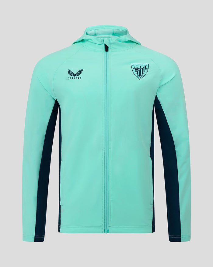 Mint turquoise Athletic Club hooded jacket with full zipper and crest emblem on the chest.