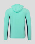 Mint green hooded athletic jacket shown from the back with dark side panels.