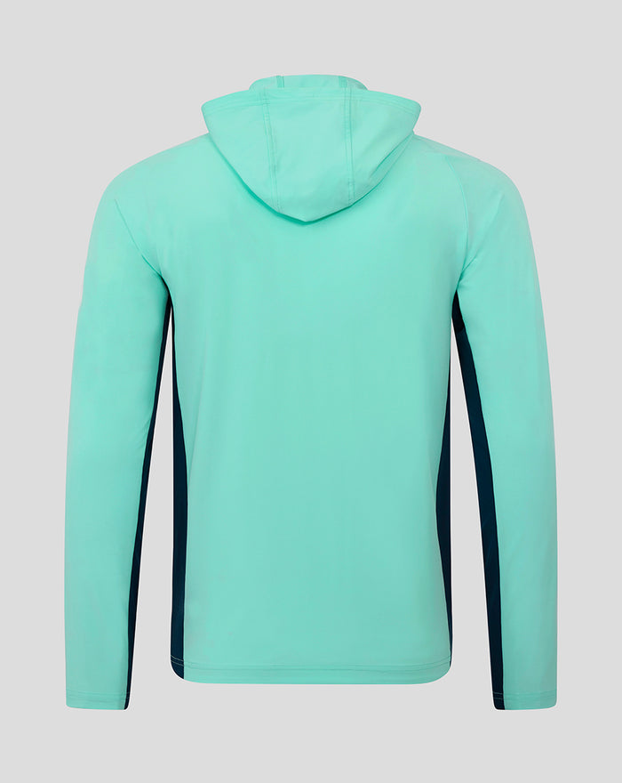 Mint green hooded athletic jacket shown from the back with dark side panels.